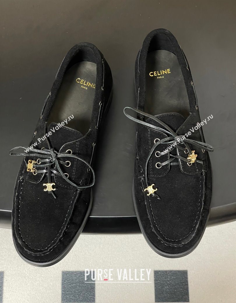 Celine Bateau Lace-up Loafers in Suede Black 2025 (SS-250826064)