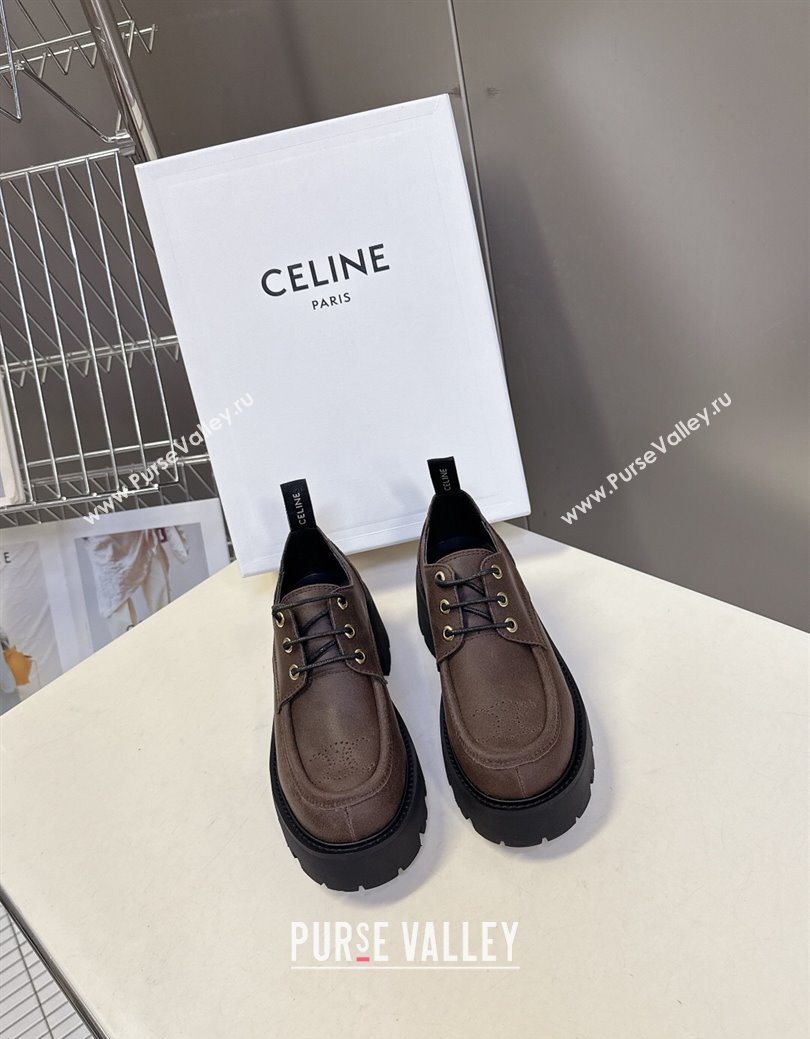 Celine Triomphe Derbies Shoes 5cm in Waxed Suede Calfskin Brown 2025 (KL-25080701)