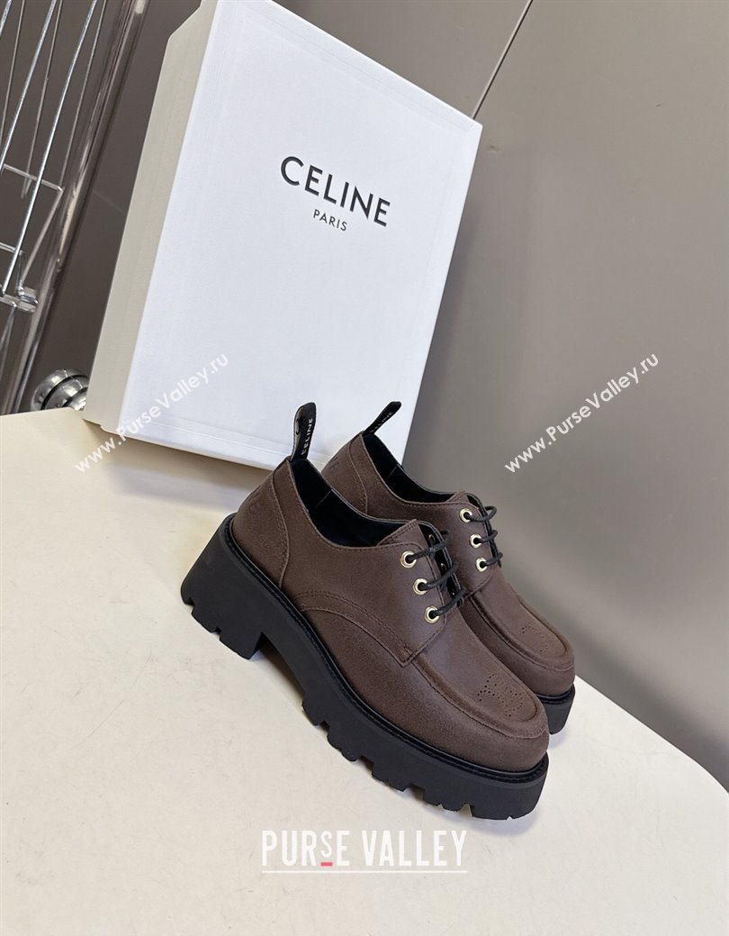 Celine Triomphe Derbies Shoes 5cm in Waxed Suede Calfskin Brown 2025 (KL-25080701)