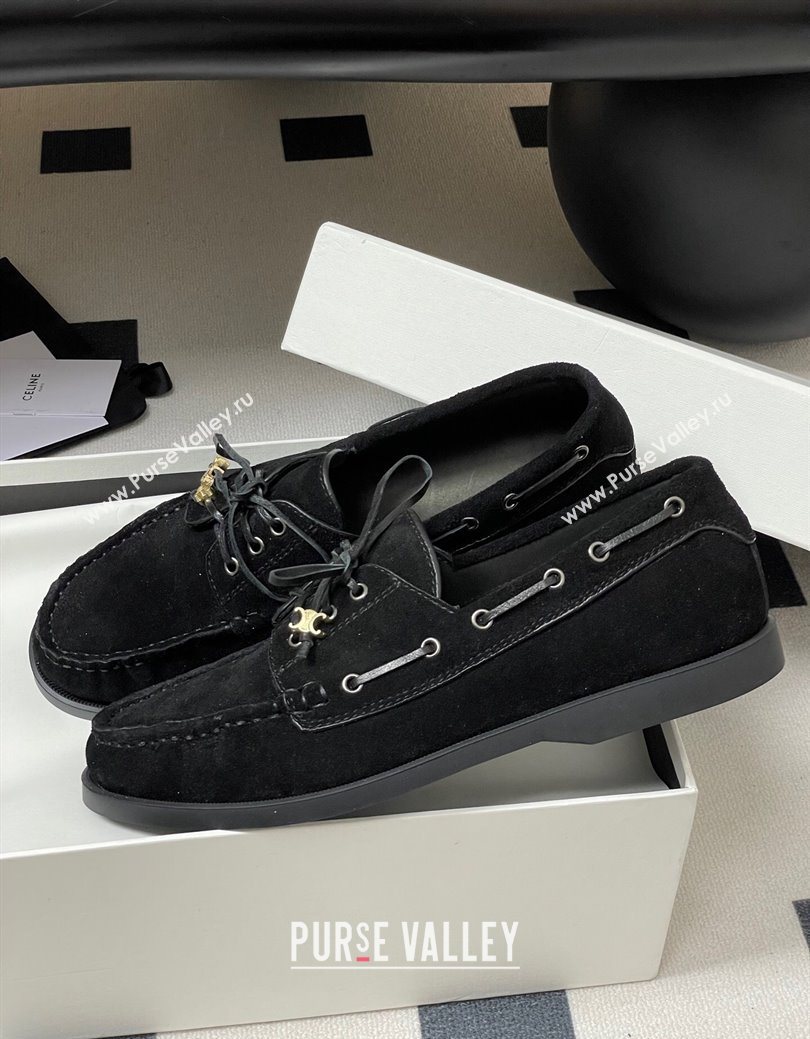 Celine Bateau Lace-up Loafers in Suede Black 2025 (SS-250826064)