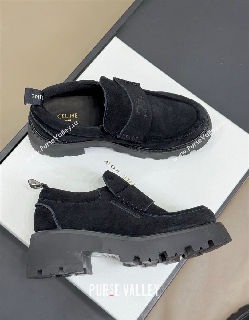 Celine Triomphe Loafers 5cm in Suede Black 2025 CE082601 (KL-250826071)