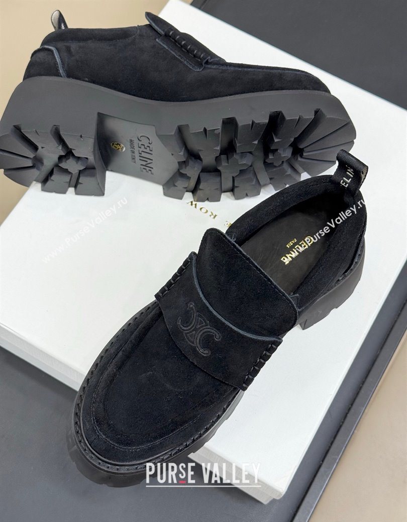 Celine Triomphe Loafers 5cm in Suede Black 2025 CE082601 (KL-250826071)