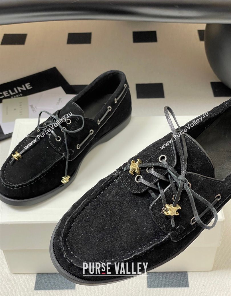 Celine Bateau Lace-up Loafers in Suede Black 2025 (SS-250826064)