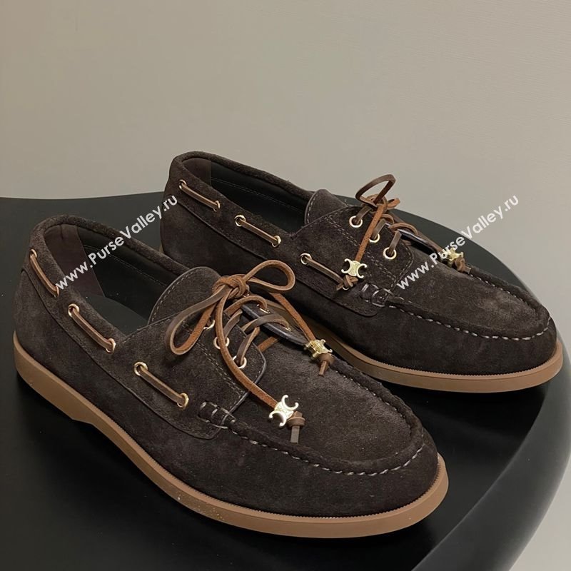 Celine Bateau Lace-up Loafers in Suede Dark Brown 2025 (SS-250826067)