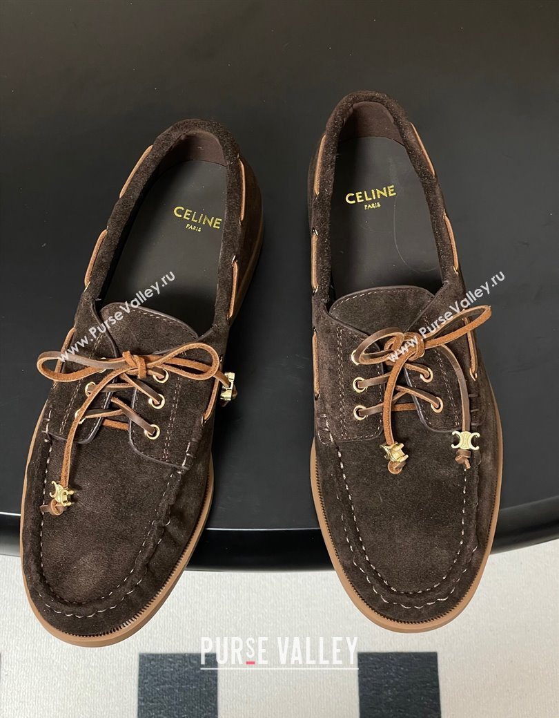 Celine Bateau Lace-up Loafers in Suede Dark Brown 2025 (SS-250826067)