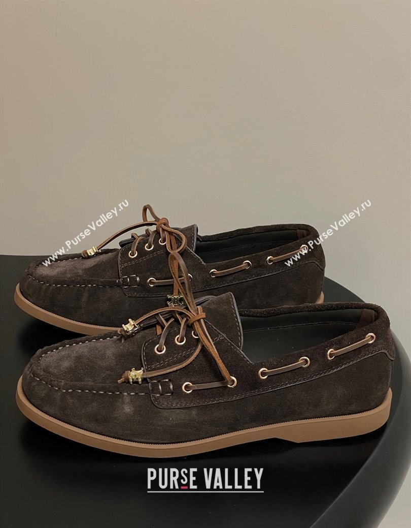 Celine Bateau Lace-up Loafers in Suede Dark Brown 2025 (SS-250826067)