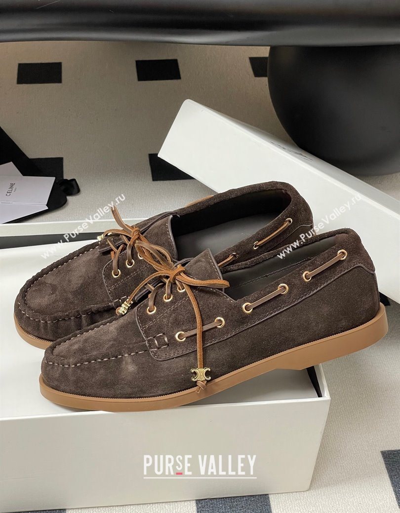 Celine Bateau Lace-up Loafers in Suede Dark Brown 2025 (SS-250826067)