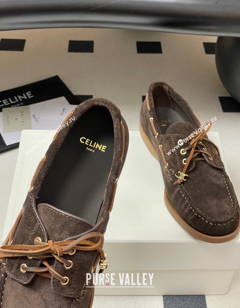 Celine Bateau Lace-up Loafers in Suede Dark Brown 2025 (SS-250826067)