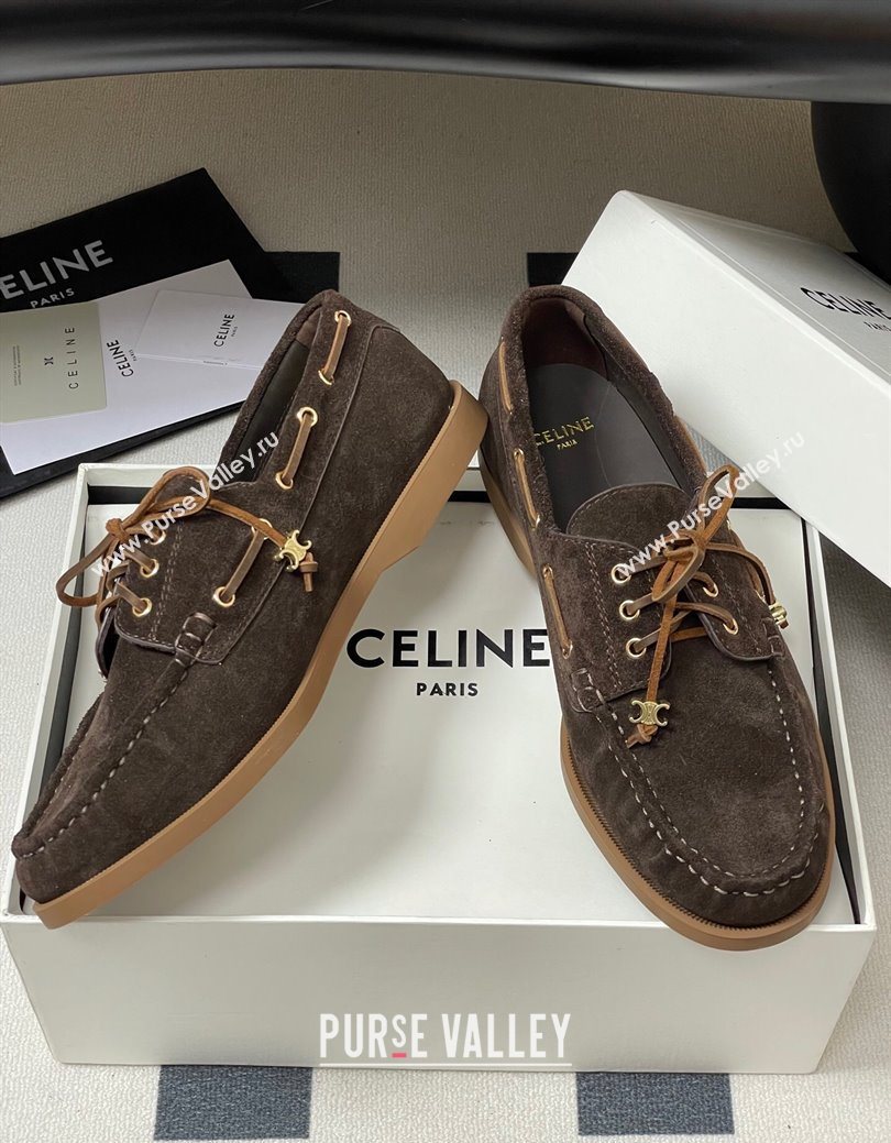 Celine Bateau Lace-up Loafers in Suede Dark Brown 2025 (SS-250826067)