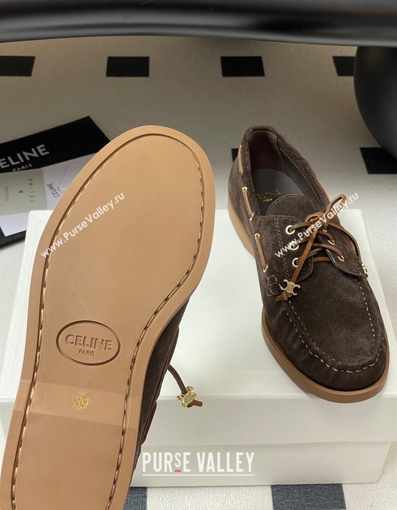 Celine Bateau Lace-up Loafers in Suede Dark Brown 2025 (SS-250826067)
