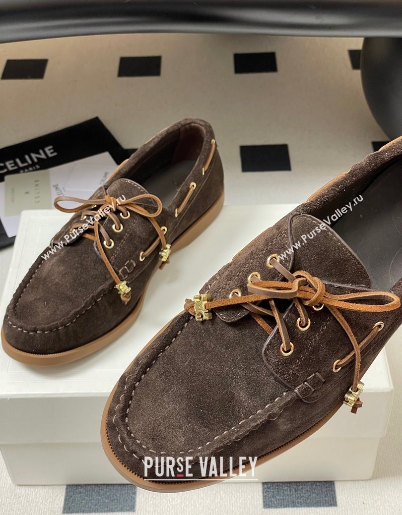 Celine Bateau Lace-up Loafers in Suede Dark Brown 2025 (SS-250826067)