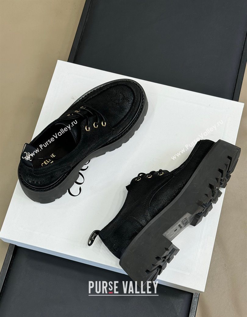 Celine Triomphe Derbies Shoes 5cm in Waxed Suede Calfskin Black 2025 (HQG-250826069)