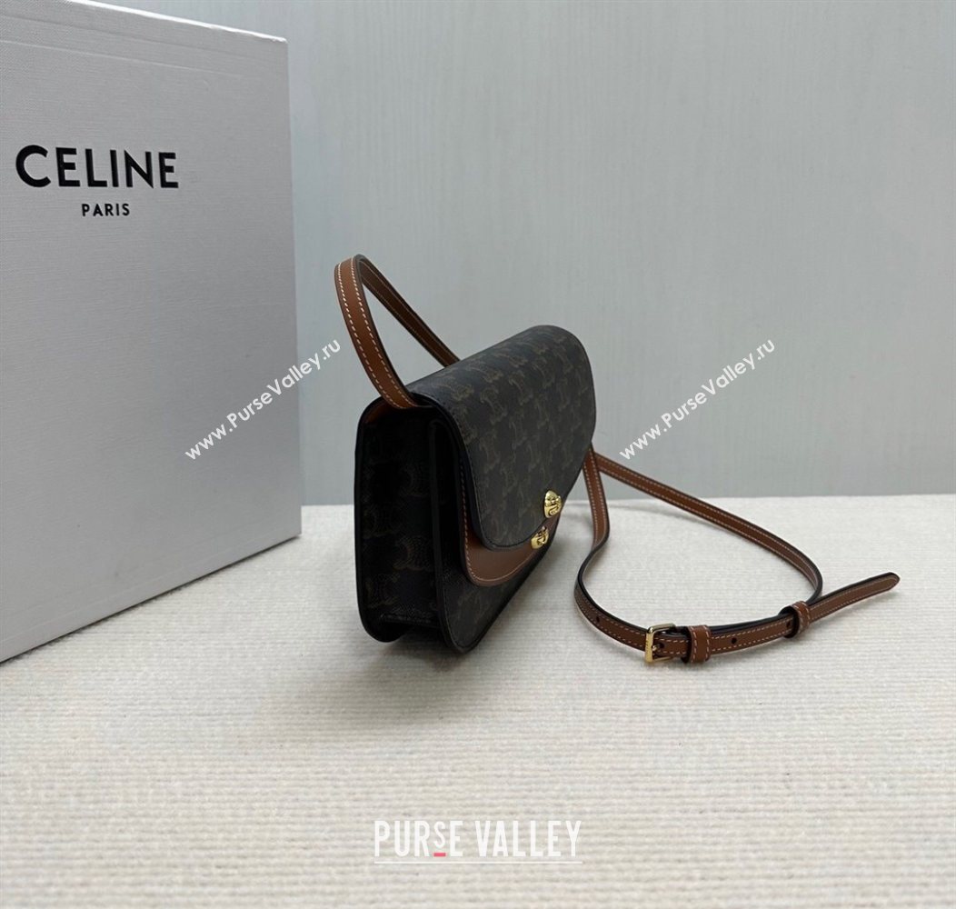 Celine Duo Wallet On Strap Mini Bag in Triomphe Canvas and Calfskin Brown 2025 10P672 (BL-250930024)
