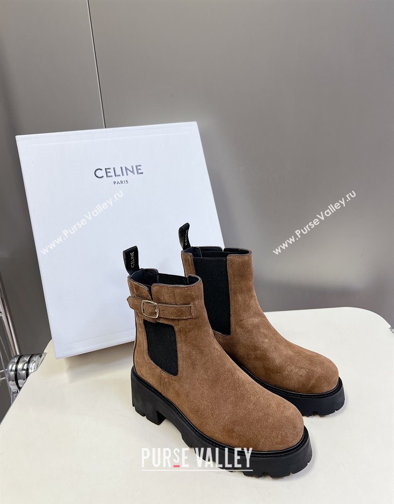 Celine Triomphe Rangers Chelsea Platform Ankle Boots 5cm with Buckle in Suede Brown 2025 (MD-251024037)