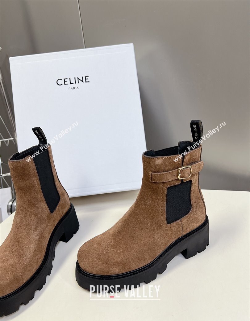 Celine Triomphe Rangers Chelsea Platform Ankle Boots 5cm with Buckle in Suede Brown 2025 (MD-251024037)