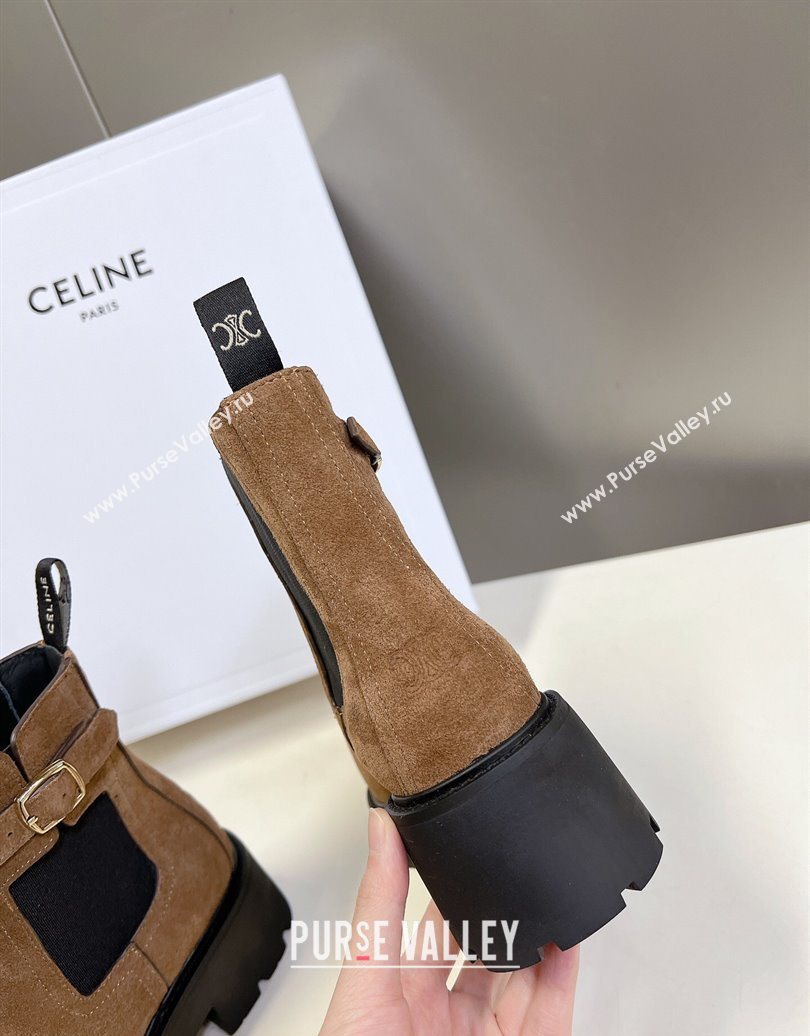 Celine Triomphe Rangers Chelsea Platform Ankle Boots 5cm with Buckle in Suede Brown 2025 (MD-251024037)