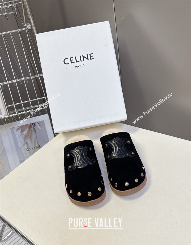 Celine Pitea Clog Flat Mules in Suede and Wool with Studs Black 2025 (MD-251024054)