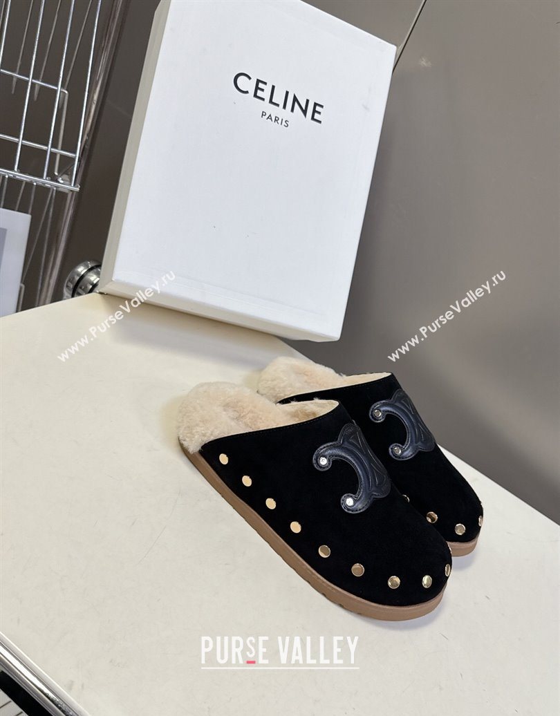 Celine Pitea Clog Flat Mules in Suede and Wool with Studs Black 2025 (MD-251024054)