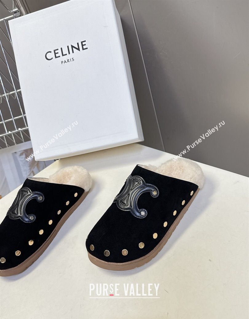 Celine Pitea Clog Flat Mules in Suede and Wool with Studs Black 2025 (MD-251024054)