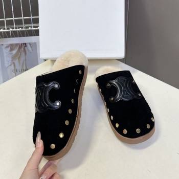 Celine Pitea Clog Flat Mules in Suede and Wool with Studs Black 2025 (MD-251024054)