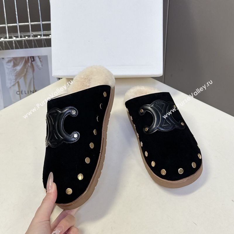 Celine Pitea Clog Flat Mules in Suede and Wool with Studs Black 2025 (MD-251024054)