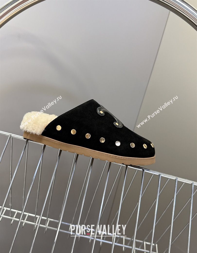 Celine Pitea Clog Flat Mules in Suede and Wool with Studs Black 2025 (MD-251024054)