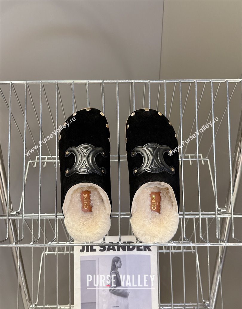 Celine Pitea Clog Flat Mules in Suede and Wool with Studs Black 2025 (MD-251024054)