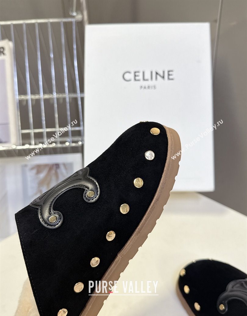 Celine Pitea Clog Flat Mules in Suede and Wool with Studs Black 2025 (MD-251024054)