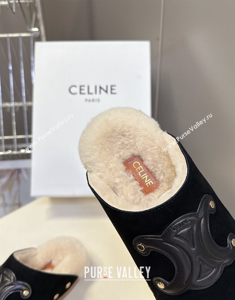 Celine Pitea Clog Flat Mules in Suede and Wool with Studs Black 2025 (MD-251024054)