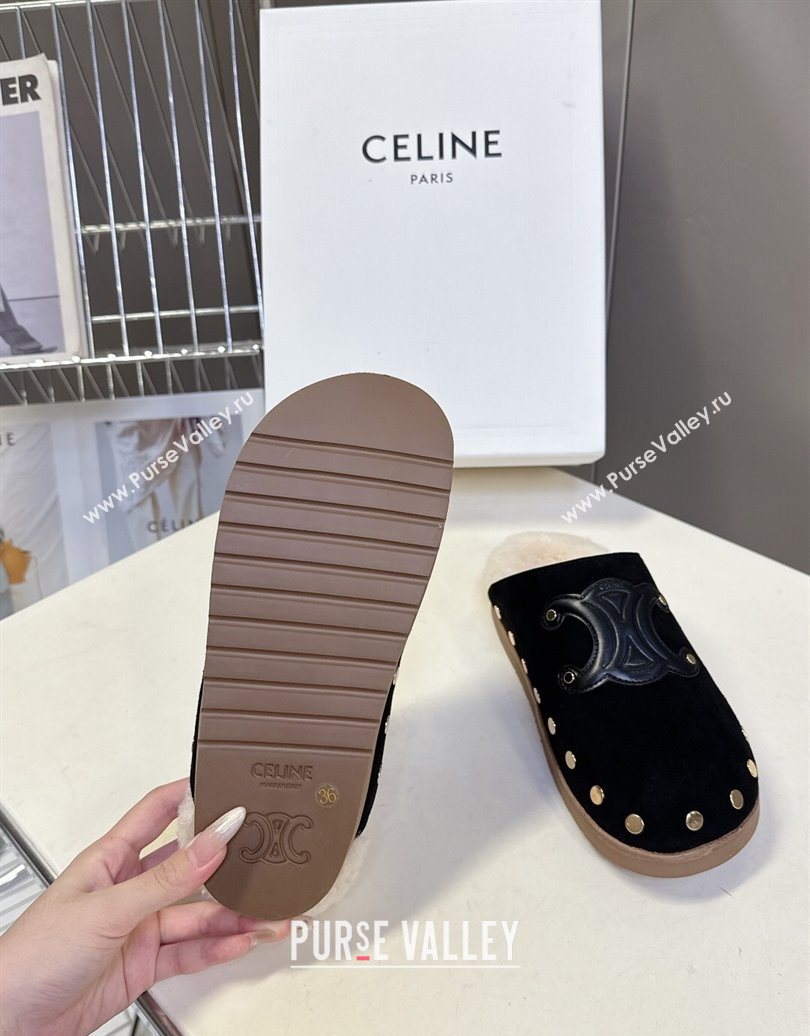 Celine Pitea Clog Flat Mules in Suede and Wool with Studs Black 2025 (MD-251024054)