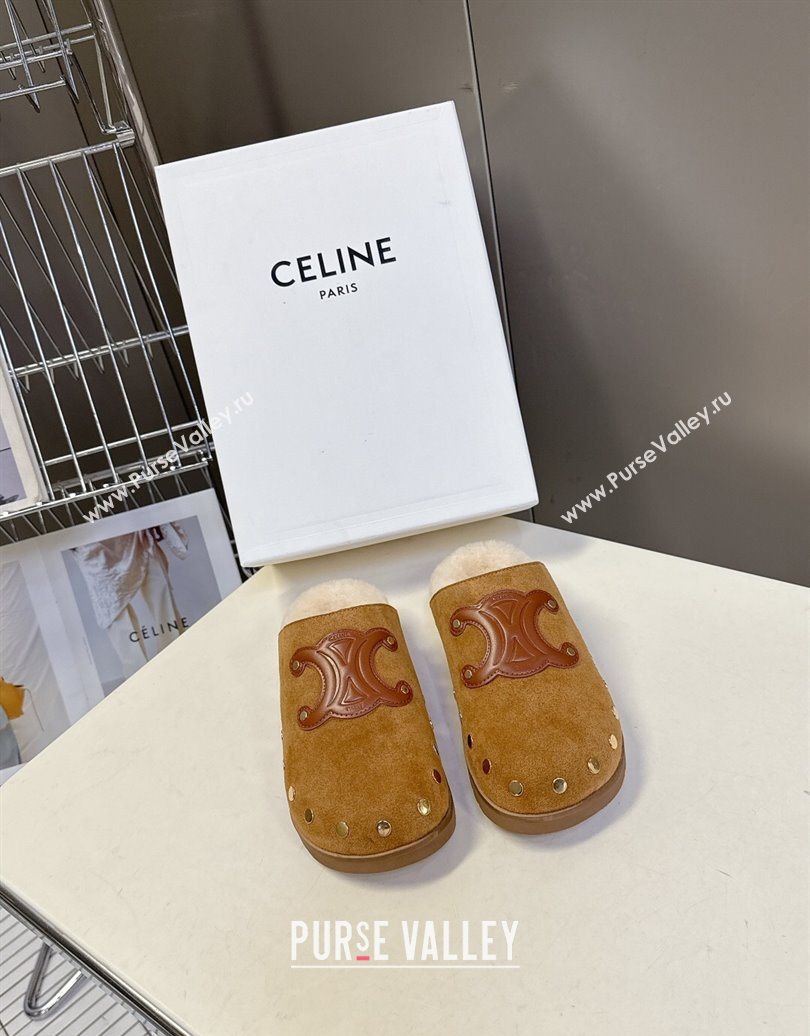 Celine Pitea Clog Flat Mules in Suede and Wool with Studs Brown 2025 (MD-251024055)