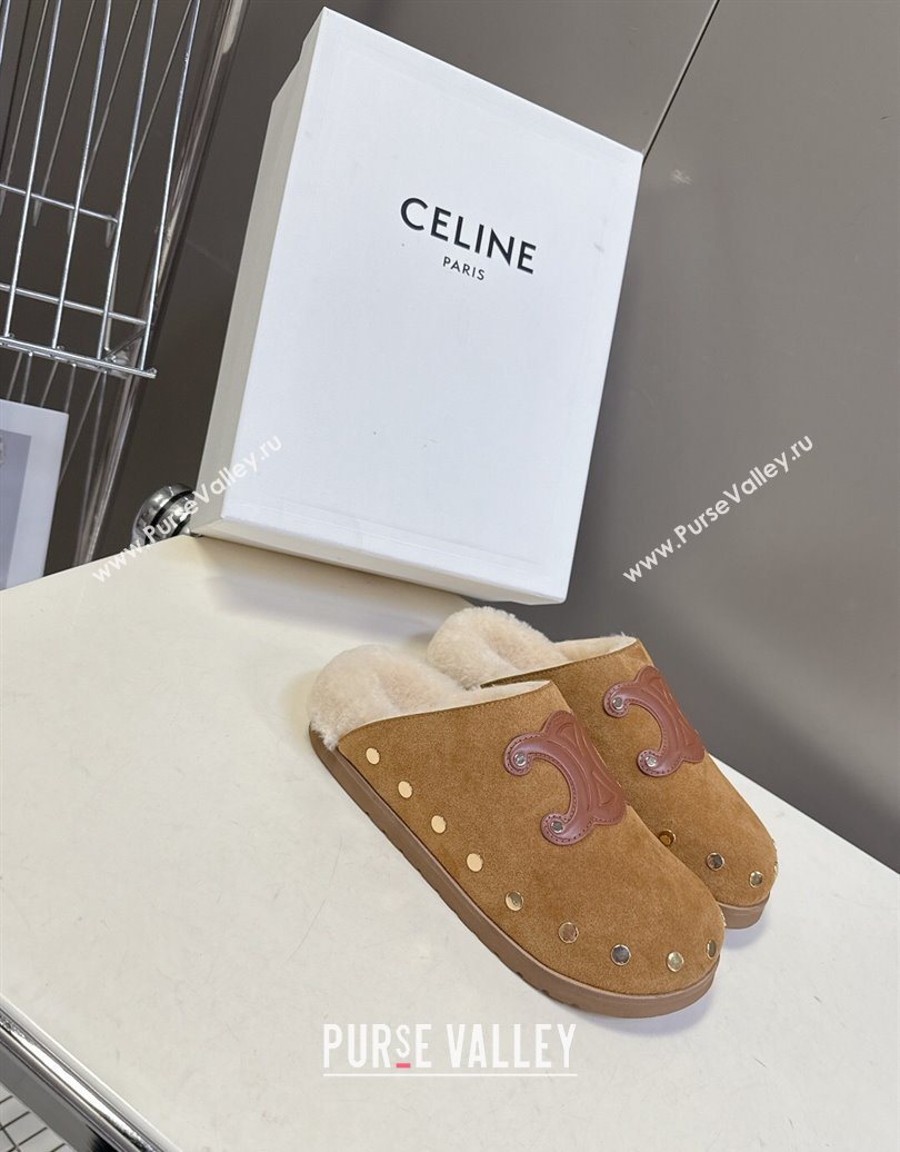 Celine Pitea Clog Flat Mules in Suede and Wool with Studs Brown 2025 (MD-251024055)