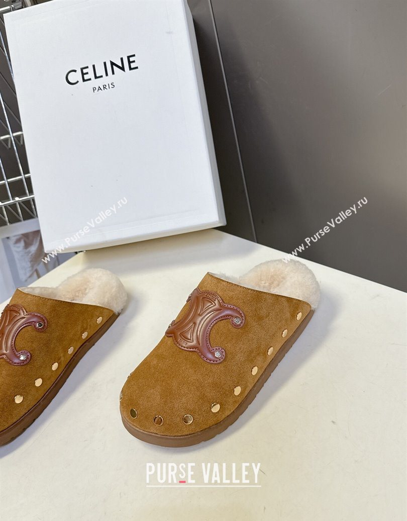Celine Pitea Clog Flat Mules in Suede and Wool with Studs Brown 2025 (MD-251024055)
