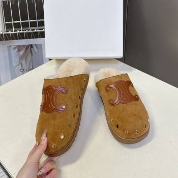 Celine Pitea Clog Flat Mules in Suede and Wool with Studs Brown 2025 (MD-251024055)