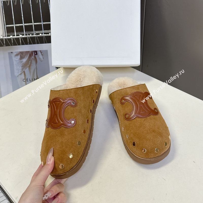 Celine Pitea Clog Flat Mules in Suede and Wool with Studs Brown 2025 (MD-251024055)
