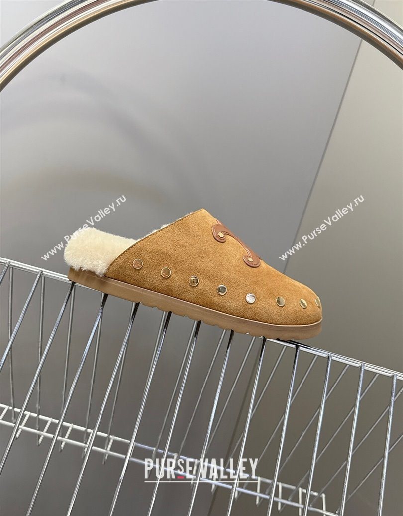 Celine Pitea Clog Flat Mules in Suede and Wool with Studs Brown 2025 (MD-251024055)