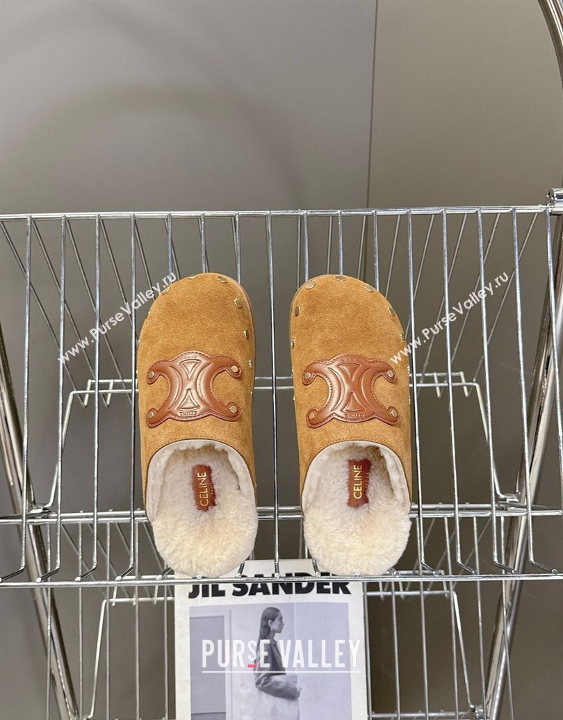 Celine Pitea Clog Flat Mules in Suede and Wool with Studs Brown 2025 (MD-251024055)