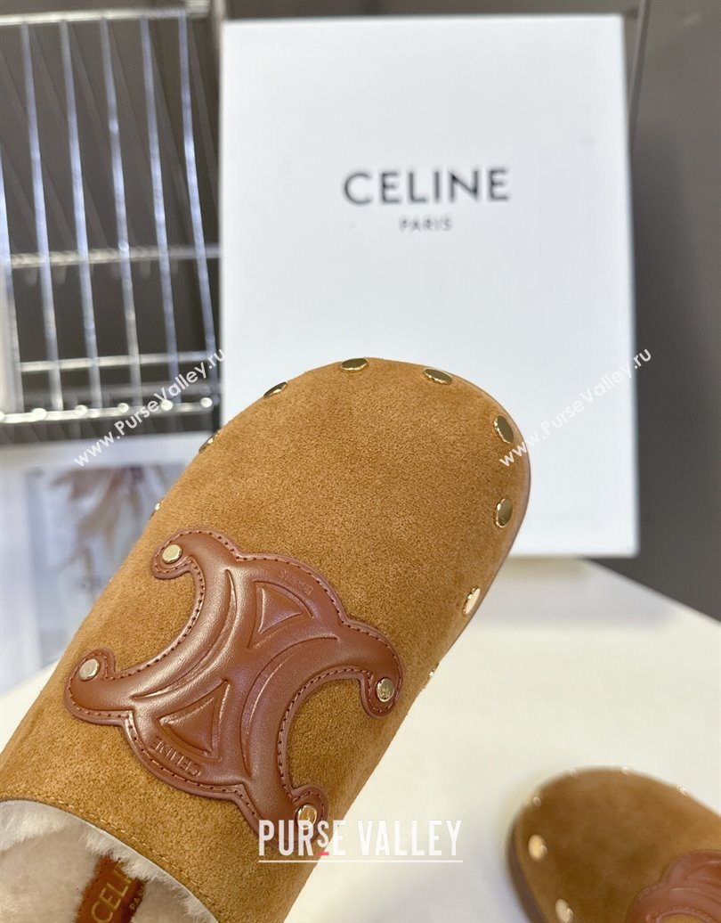 Celine Pitea Clog Flat Mules in Suede and Wool with Studs Brown 2025 (MD-251024055)