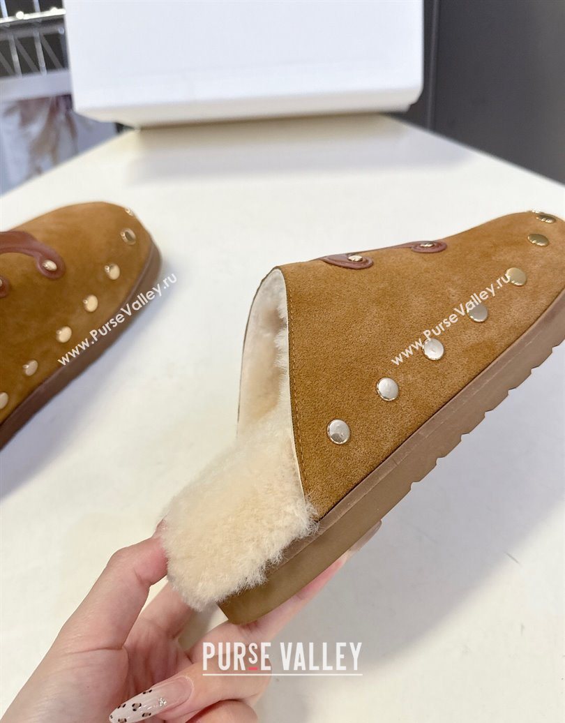 Celine Pitea Clog Flat Mules in Suede and Wool with Studs Brown 2025 (MD-251024055)