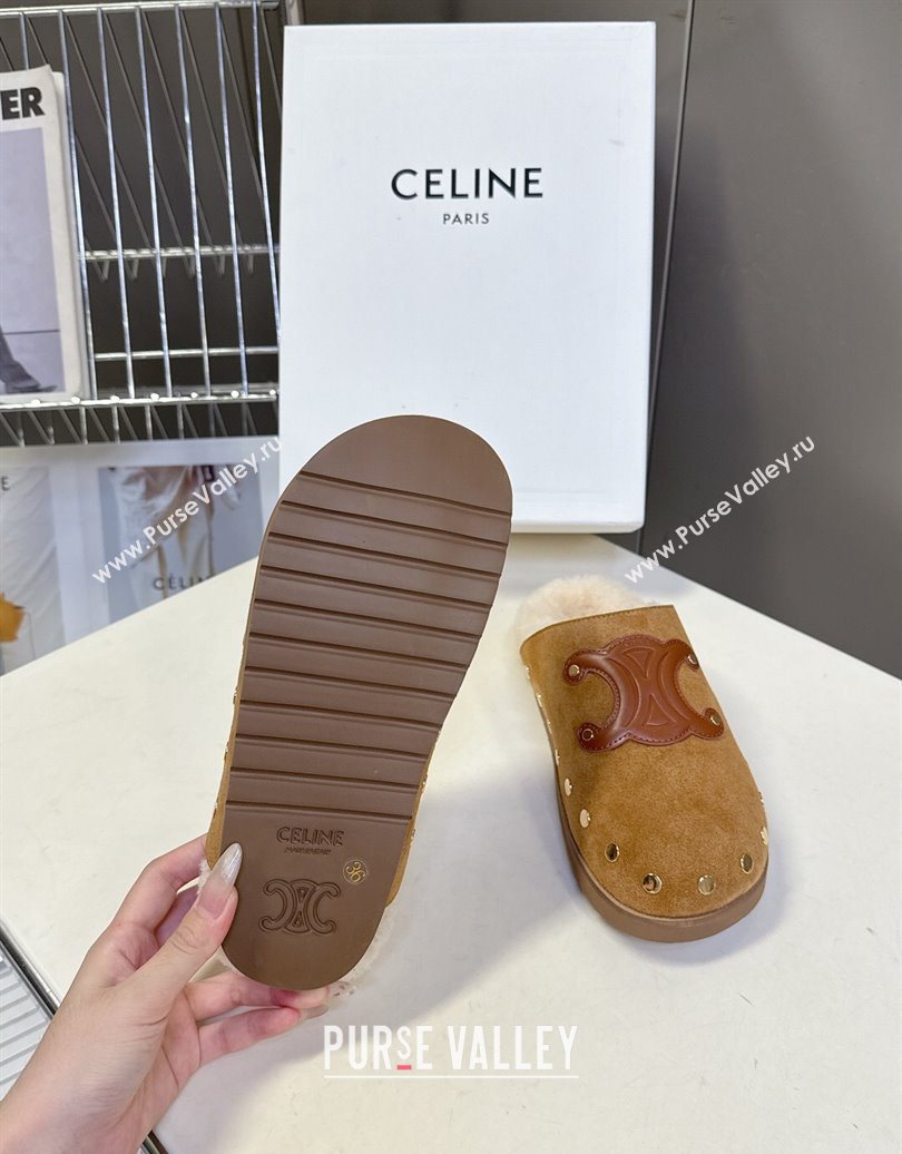 Celine Pitea Clog Flat Mules in Suede and Wool with Studs Brown 2025 (MD-251024055)