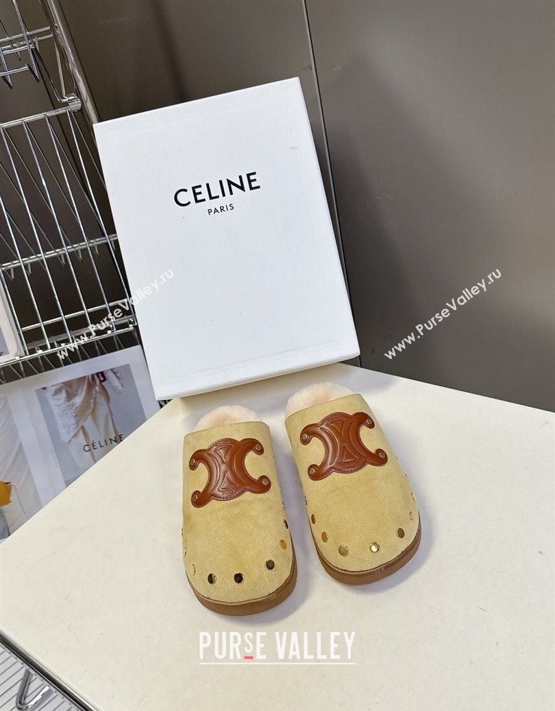 Celine Pitea Clog Flat Mules in Suede and Wool with Studs Yellow 2025 (MD-251024056)