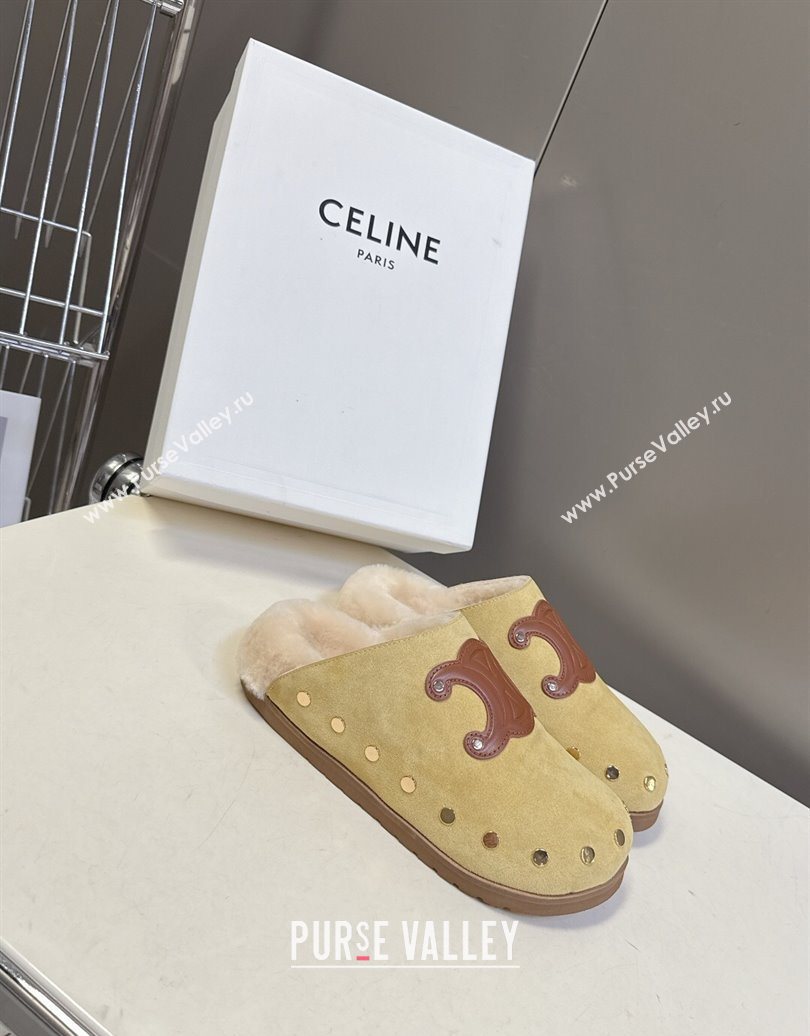 Celine Pitea Clog Flat Mules in Suede and Wool with Studs Yellow 2025 (MD-251024056)