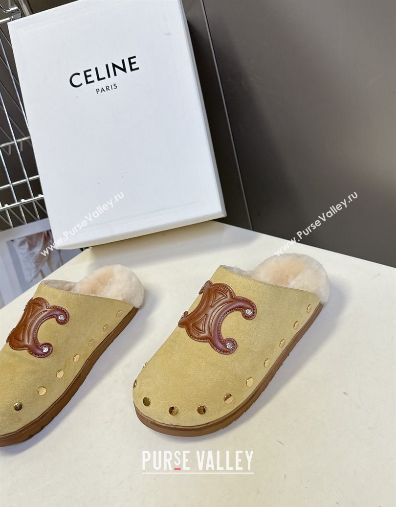 Celine Pitea Clog Flat Mules in Suede and Wool with Studs Yellow 2025 (MD-251024056)