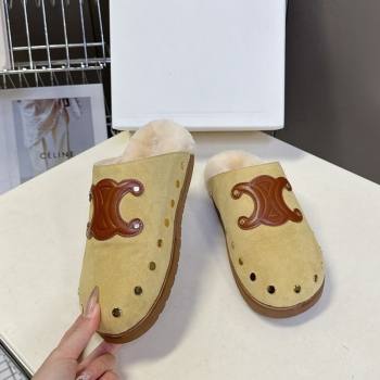 Celine Pitea Clog Flat Mules in Suede and Wool with Studs Yellow 2025 (MD-251024056)