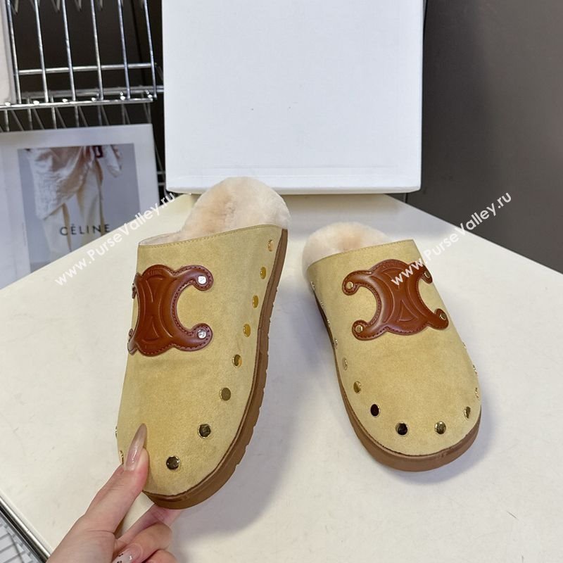 Celine Pitea Clog Flat Mules in Suede and Wool with Studs Yellow 2025 (MD-251024056)