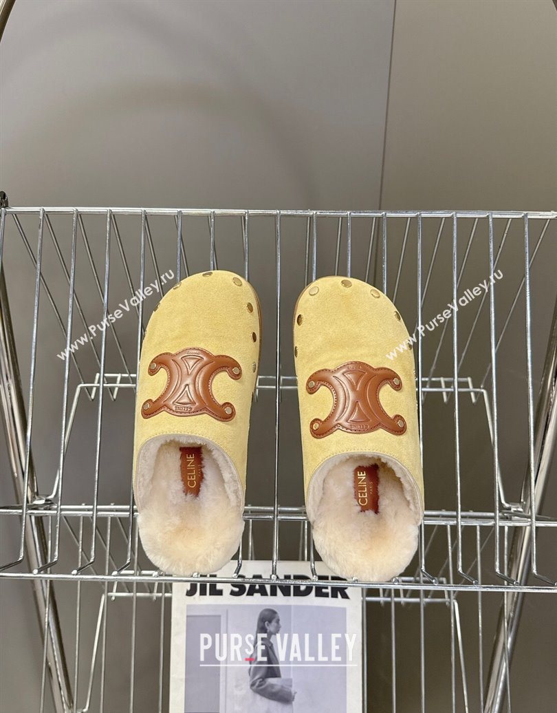 Celine Pitea Clog Flat Mules in Suede and Wool with Studs Yellow 2025 (MD-251024056)