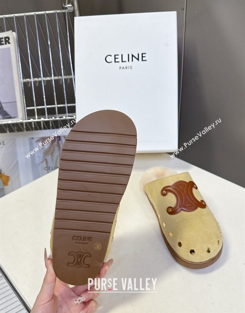 Celine Pitea Clog Flat Mules in Suede and Wool with Studs Yellow 2025 (MD-251024056)