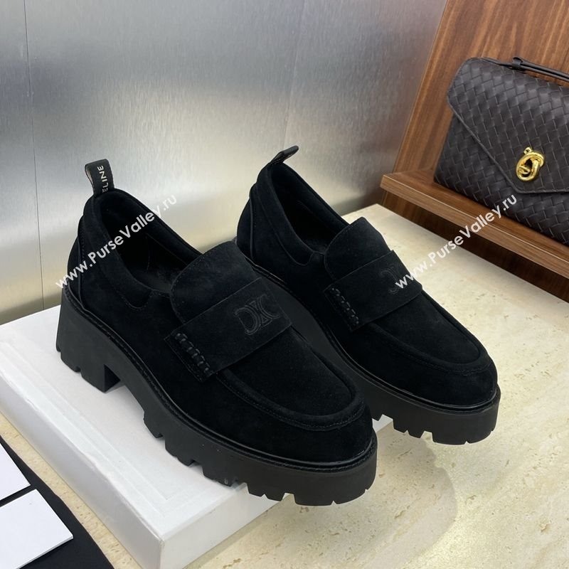 Celine Triomphe Platform Loafers 5cm in Suede with Logo Strap Black 2025 CE102404 (JC-251024057)