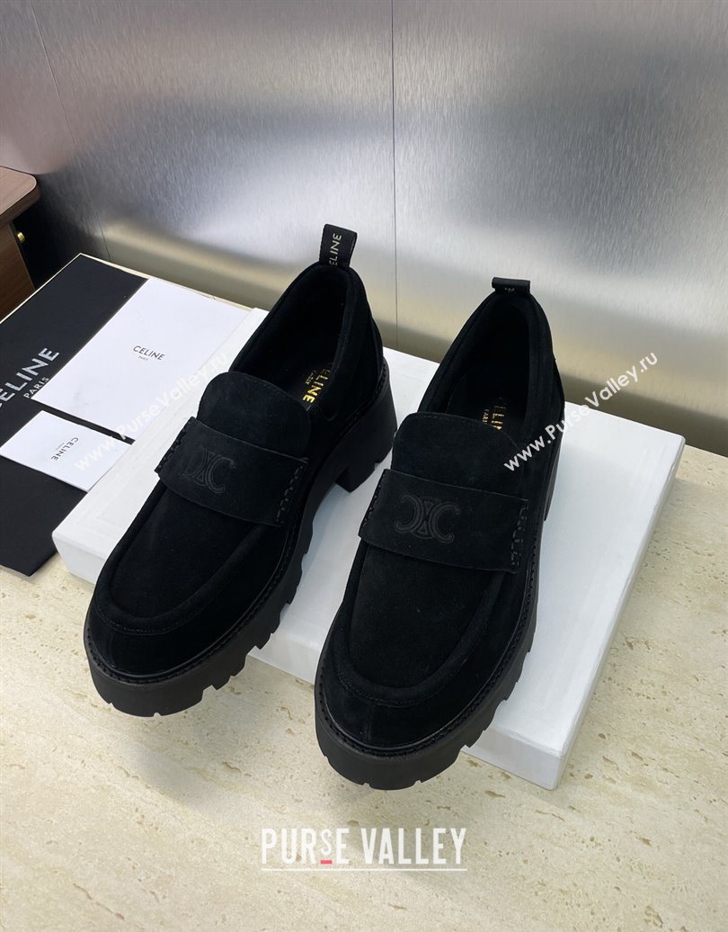 Celine Triomphe Platform Loafers 5cm in Suede with Logo Strap Black 2025 CE102404 (JC-251024057)