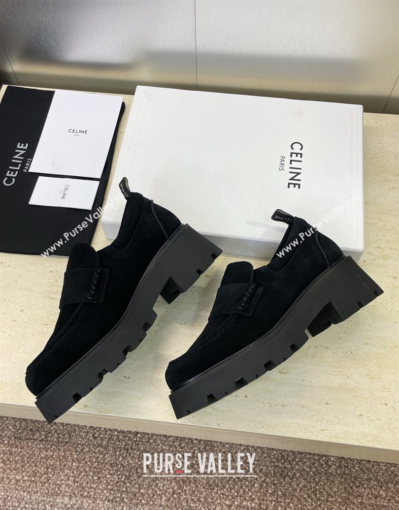 Celine Triomphe Platform Loafers 5cm in Suede with Logo Strap Black 2025 CE102404 (JC-251024057)